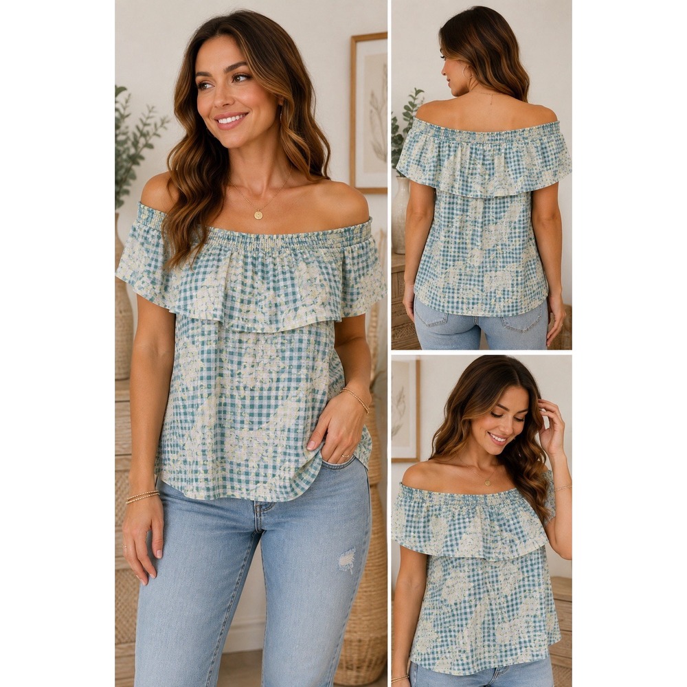 LC Lauren Conrad Off Shoulder Floral Gingham Ruffle Top Fairy Boho Large
